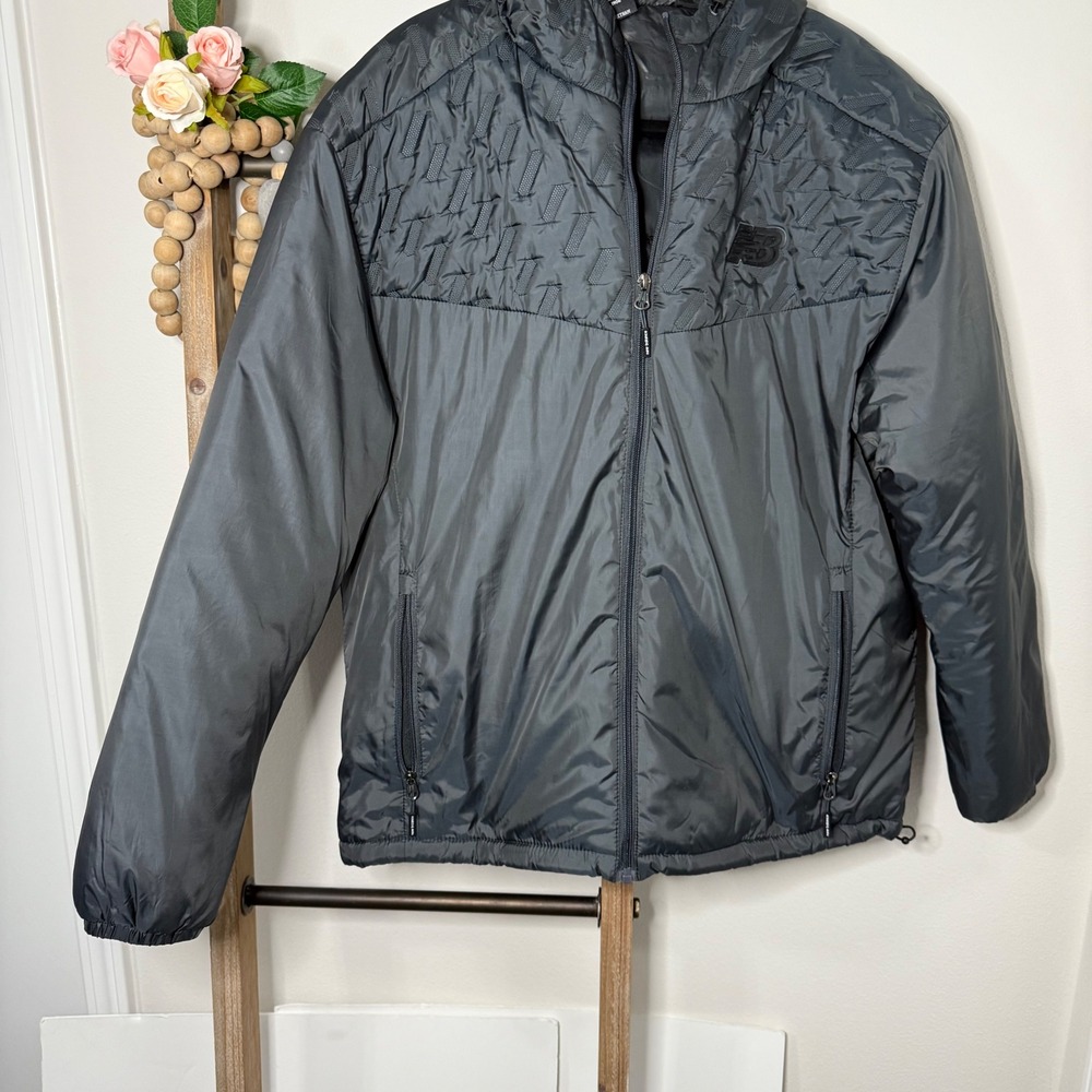 New‎ Balance Men's Puffer Hooded Jacket Gray/Black Full Zip Athletic Size Medium